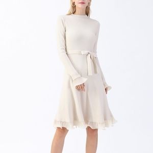 CHICWISH WOMANS Bell cuffs mock neck KNIT MITTI DRESS IVORY retro